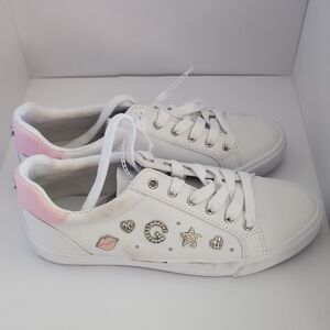 GBG Los Angeles White Sneakers with Pink Heel and Charm Accents